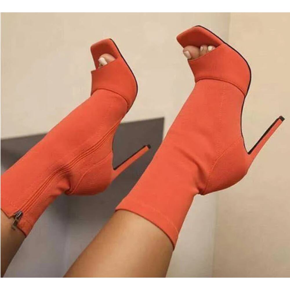 Orange Peep Open Toe Mid-Calf Bootie Heels SZ 10